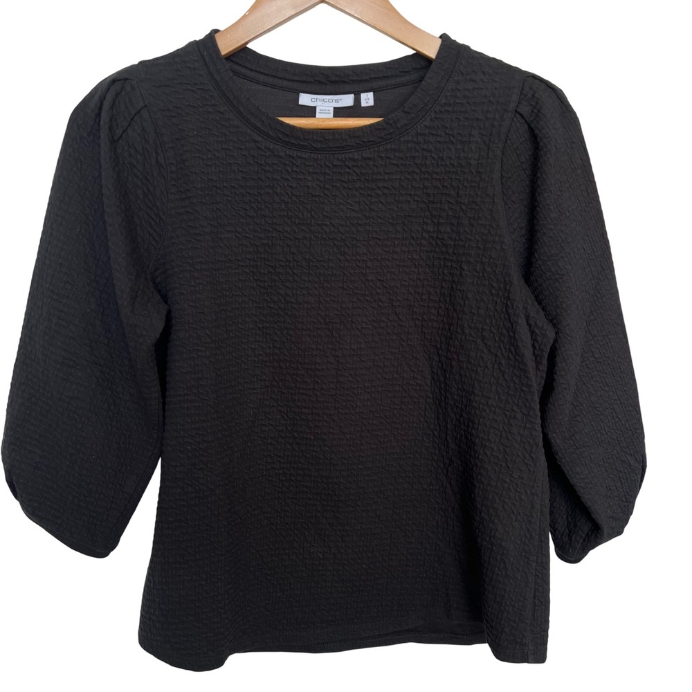 Chicos Black Textured Puff Sleeve Blouse Womens Size 1 Puckered Knit Top